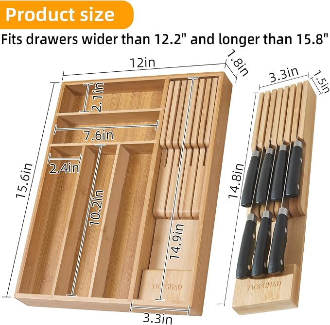 TIOPGHAD Small-Bamboo-Silverware-Drawer-Organizer, Expandable Utensil Kitchen Cutlery Tray Flatware Organization Adjustable Wood Tableware Dividers Storage (with Removable Knife Block)(Natural)