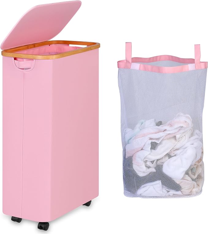 iEGrow 75L Laundry Basket with Wheels,Clothes Hamper for Laundry,Laundry Hamper with Lid and Inner Bag, for Laundry Room, Bedroom, Dormitory Storage,Pink