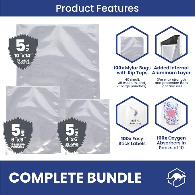 Wallaby 100ct Multi-Size Mylar Bags, 400cc Oxygen Absorbers, 10 Mil Thickness, 1-Gal 10x14, 1-Qt 8x12, 1/2-Pt 6x8, Heat-Sealable, Airtight, Flat, Silver