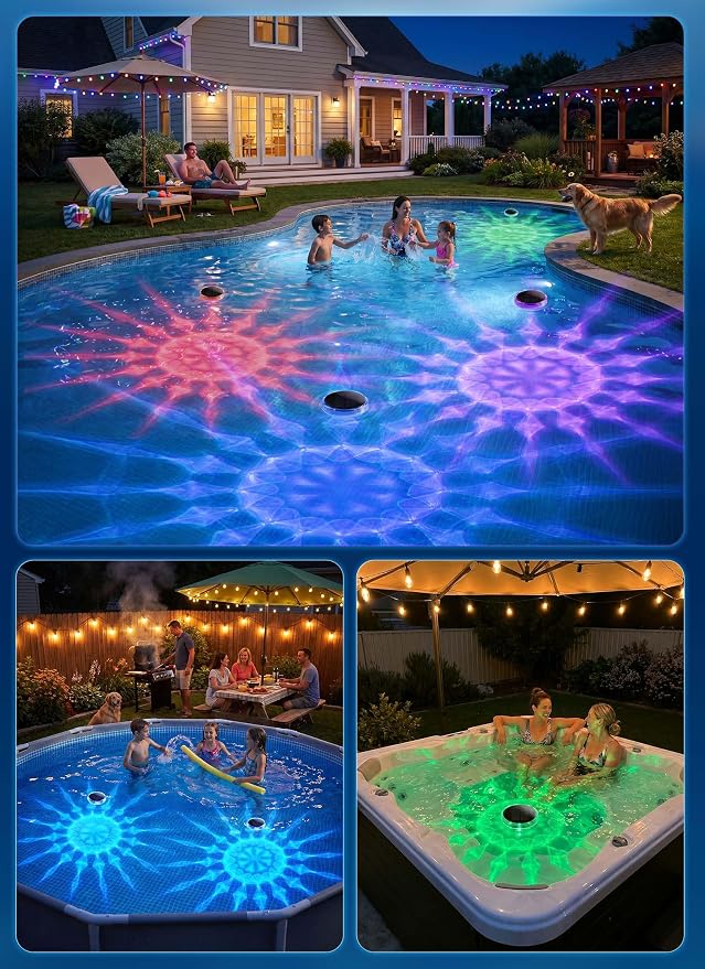 Solar Floating Pool Lights 4 Pack, Remote Control RGBWW 12 Lighting Modes | 3 Dimming & Timing IP68 Waterproof, Floating Solar Pool Lights for Above Ground Pools Inground Pool Accessories