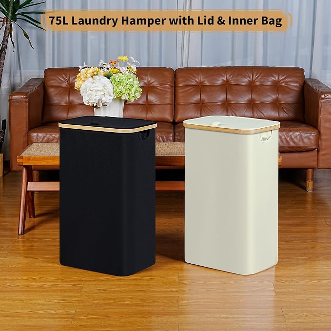 iEGrow Slim Laundry Hamper,75L Beige Narrow Laundry Basket with Lid,Foldable Clothes Hamper with Bamboo Handles,Hamper Basket with Removable Inner Bag for Laundry Room Bedroom College Dorm
