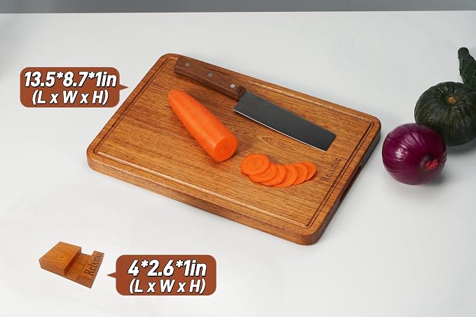 Solid Teak Wood Cutting Board One Piece Non Glued Thick Crack Resistant Wooden Chopping Board with DeepJuice Grooves Built in Handles for Kitchen Meat Vegetables Chese 13 X 8.7 Inch
