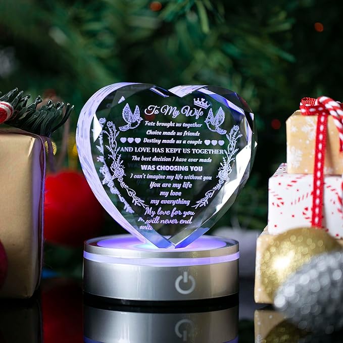 Gifts for Wife Crystal with Colorful LED Base, Anniversary Birthday Gifts for Women, I Love You Gifts for Her Wife Birthday Gift Ideas, Crystal Keepsakes Romantic Gifts for Valentine's Day