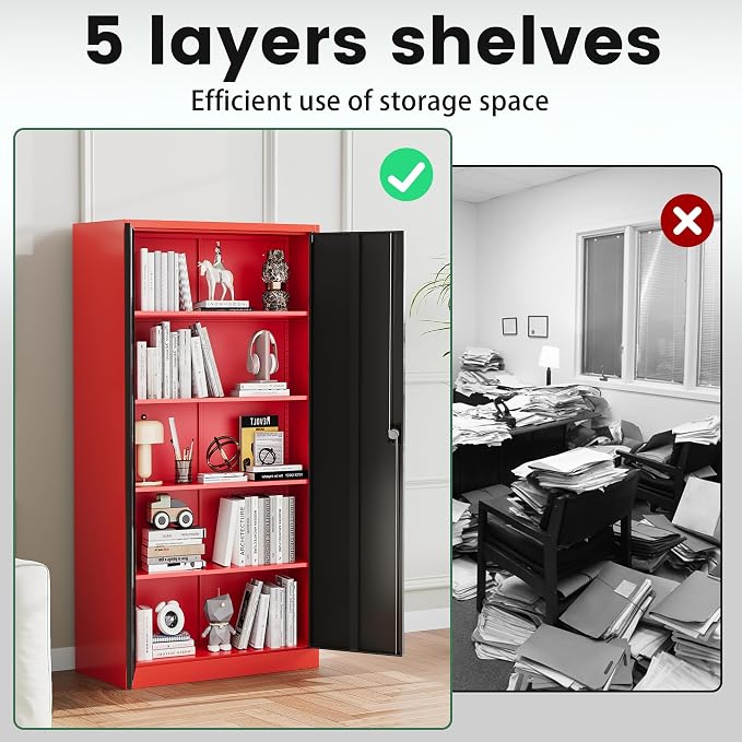 Metal Storage Cabinets with Lock, 71" Tall Locker Organizer Steel Cabinets, Adjustable Shelves 2 Doors for Home, Office, Warehouse,Garage,Industrial,Employee Lockers (Style B, Black Red)