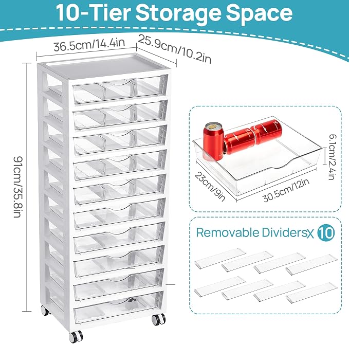 Vtopmart 10 Tier Rolling Cart with Drawers, Clear Plastic Drawers with Removable Dividers for Art &Office Supplies, Beauty Products, Toy, Under Desk Storage for Craft Room, Classroom