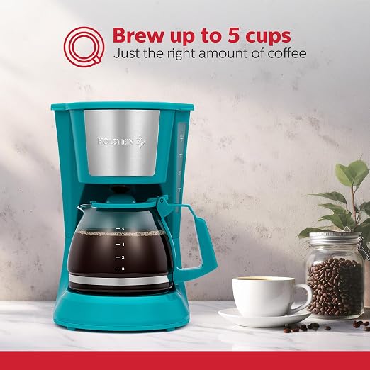 Holstein Housewares 5 Cup Drip Coffee Maker – Compact and User-Friendly with Auto Pause & Serve, Reusable Filter, Measuring Spoon & Glass Carafe, Office & Dorm Use, Teal