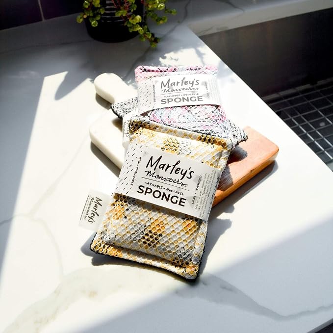 Marley's Monsters Washable Sponge – Reusable Eco-Friendly Scrubber – Dual-Sided for Gentle Cleaning or Heavy Duty Scrubbing – 4" x 5.5" Handmade in USA(Vintage Lemons/White Back)