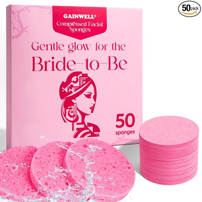 GAINWELL Bride to Be Gifts, 50-Count Compressed Facial Sponge, Daily Facial Cleansing and Exfoliating, 100％ Natural Cosmetic Spa Sponges for Makeup Remover, Reusable, Pink