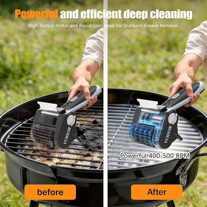 Electric Grill Brush, BBQ Grill Cleaner for Outdoor Grill with LED Light Removable 304 Stainless Steel Brush Head Cordless Grill Cleaning Brush 150 Mins Runtime No Bristle Shedding for Barbecue Grates