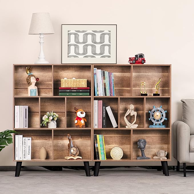 LEYAOYAO Cube Bookshelf, Mid-Century Modern Book Shelf with Legs, Oak | 3 Tier Bookcase, Rustic Wood Bookshelves Freestanding Small Storage Organizer, Open Shelves for Bedroom, Living Room, Office