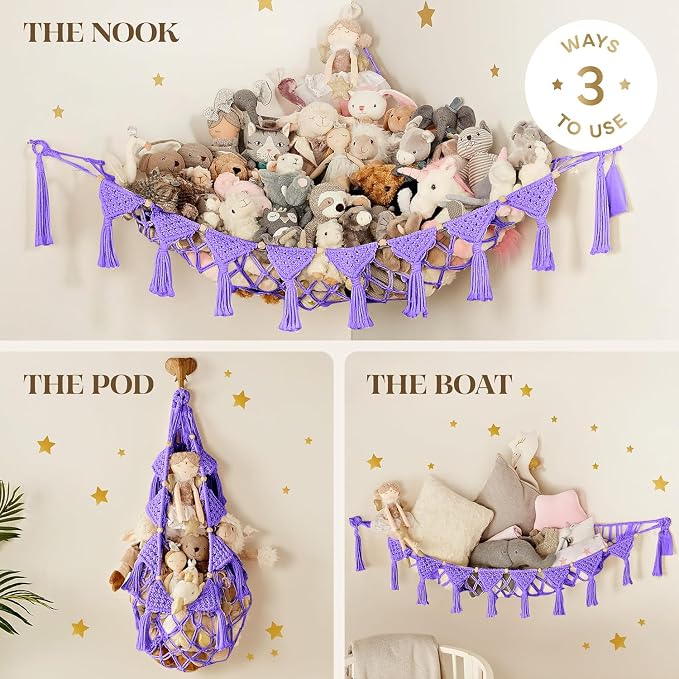 TIDYTEDS Macrame DreamLights Boho Stuffed Animal Storage Net Hammock Extra Large Plush Toy Storage Holder For Small Or Large Plushies PURPLE (Purple)
