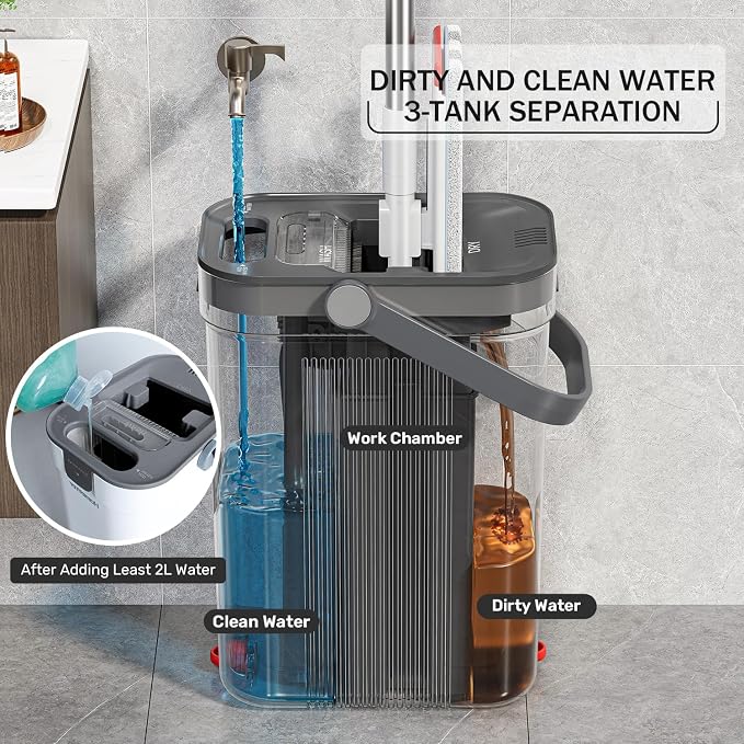 HoMettler Mop and Bucket Set, 3-Tank Flat Mop and Bucket System for Separate Dirty & Clean Water, 65" Mops for Floor Cleaning with 6 Washable Pads, Safe for Hardwood, Vinyl, Tile, Baseboards, Walls
