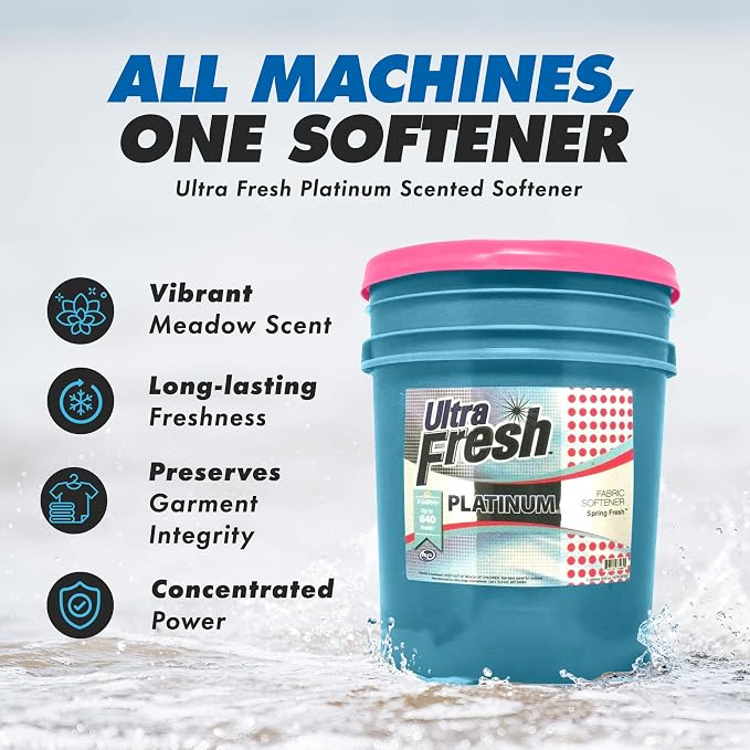 Ultra Fresh 6X Platinum Laundry Detergent, 5 Gallon, Bundled with Spring Fresh Fabric Softener and Pump, Up to 640 Loads, Orange/Blue