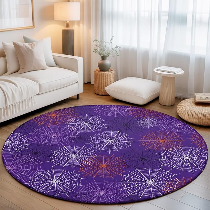 Round Area Rug 5', Purple Halloween Washable Area Rugs for Living Room Kitchen Bedroom Nursery Dining Room, Red Black White Net Halloween Non Slip Door Mat Indoor Floor Throw Circle Carpet