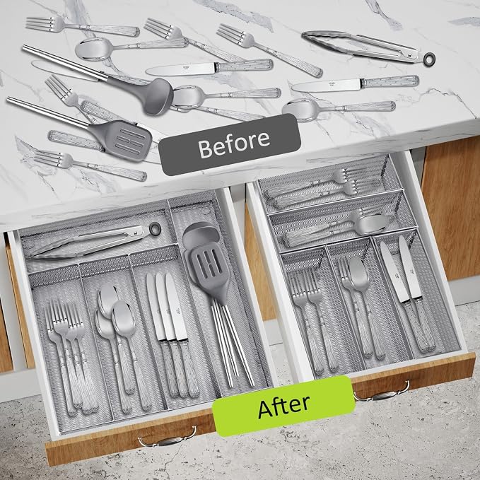 Neudeco Drawer Organizer Set, Silver Mesh, 6 Pack | 5-Compartment Silverware Tray, 5 Utensil Trays, Non-Slip, For Flatware, Cutlery, Office Supplies