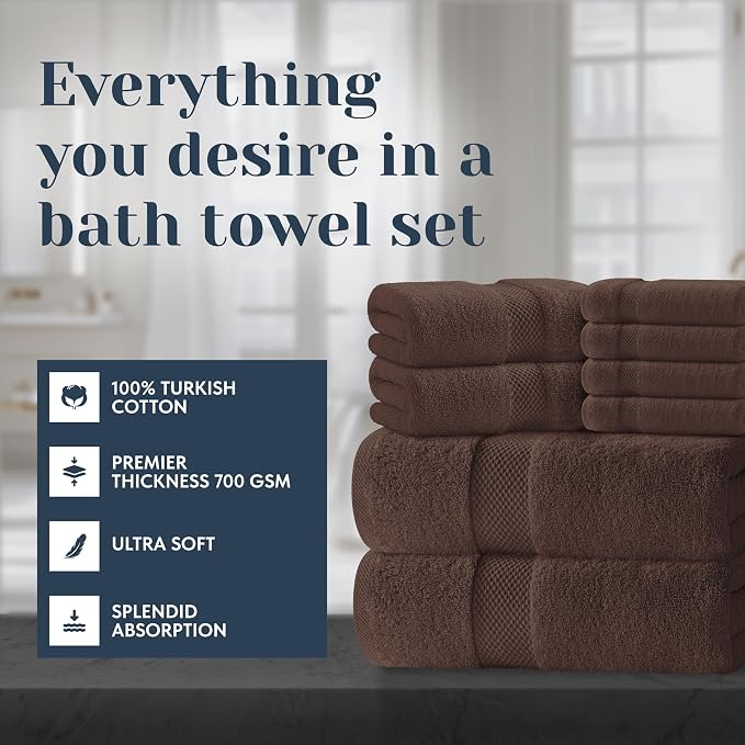 White Classic Luxury Bath Towel Set of 8 Pieces - 100% Turkish Cotton Highly Absorbent Towels for Bathroom, 2 Luxury Bath Towels 700GSM, 2 Hand Towels, 4 Washcloths, Brown