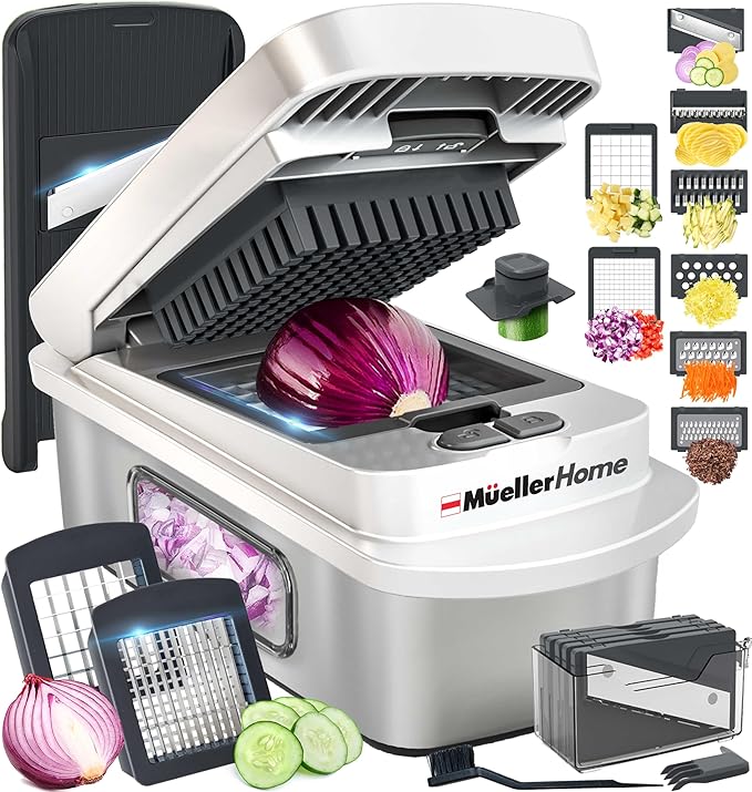 MUELLER HOME Pro-Series 10-in-1, 8 Blade Stainless Steel Multi Vegetable Chopper And Mandoline Slicer, Kitchen Accessories and Essentials, Food and Veggie Chopper, Mincer, Dicer, White Sand/Grey