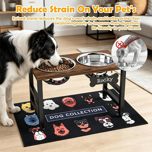10" Tall Elevated Dog Bowls, Wooden & Metal Raised Dog Bowl Stand with 2 Stainless Steel Bowls-1700ml Capacity & Non-Slip Mat, Easy-Clean for Indoor/Outdoor Use