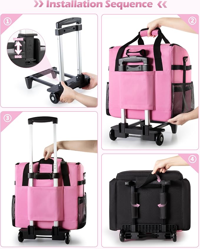 Marscamd Large Rolling Cleaning Caddy Bag with Detachable Trolley, Cleaning Supplies Organizer with Wheels for Housekeepers, Pink