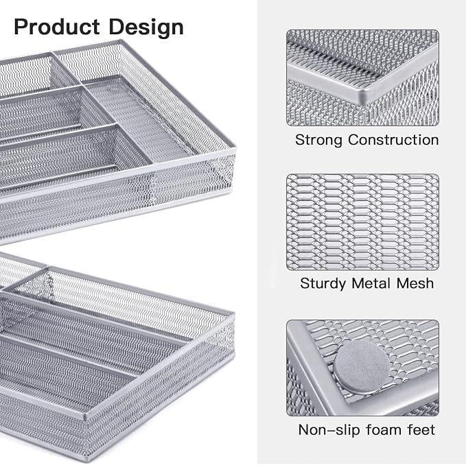 Neudeco Drawer Organizer Set, Silver, 5 Pack | 4-Compartment Silverware Tray, 4 Utensil Trays, Silver Mesh, Non-Slip, For Flatware, Cutlery, Office Supplies