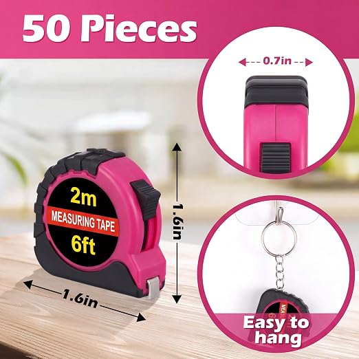 Kanayu 50 Pcs Mini Tape Measure Keychains 6 ft Small Retractable Measuring Tape Bulk with Lock Steel Easy Read Pocket for Birthday Party Favors Daily Use (Rose Pink)