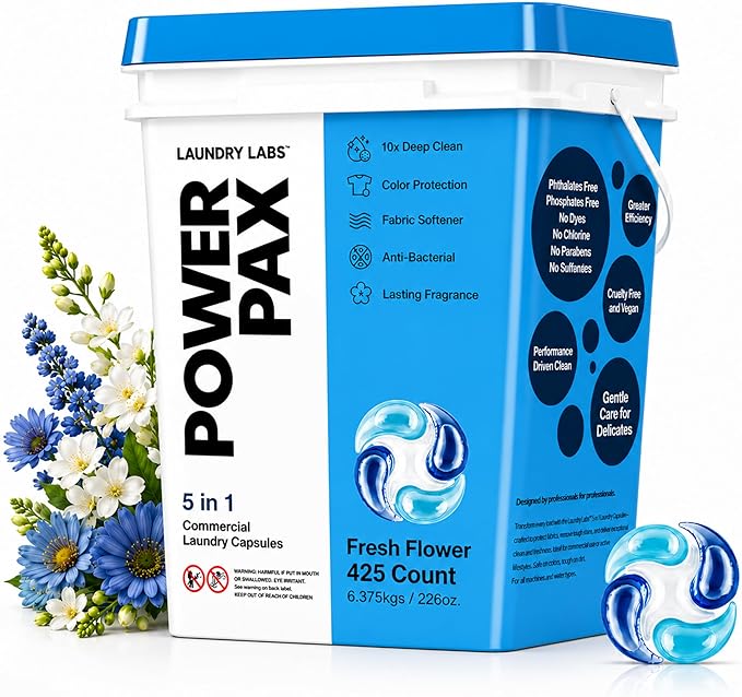 PowerPax 5-in-1 Laundry Detergent Pods - 425 Count, Washer Pods with Stain Remover, Odor Control, Fabric Softener & Color Care for Commercial Laundry - Linen Fresh