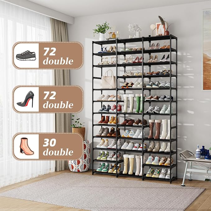 Ekisemio Shoe Rack Large Capacity 72 Pairs Tall Shoe Shelf, 3 Row 12 Tiers Sturdy Metal Shoe Organizer for Entryway, Closet, Bedroom, Black