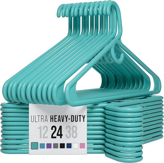 NEATERIZE Thick Heavy Duty Hangers - Aqua Plastic Clothes Hangers 24 Pack - Great for Coat Hanger, Jackets Jeans & Suit Hanger for Closet - New Apartment Essentials Percheros Ganchos para Colgar Ropa