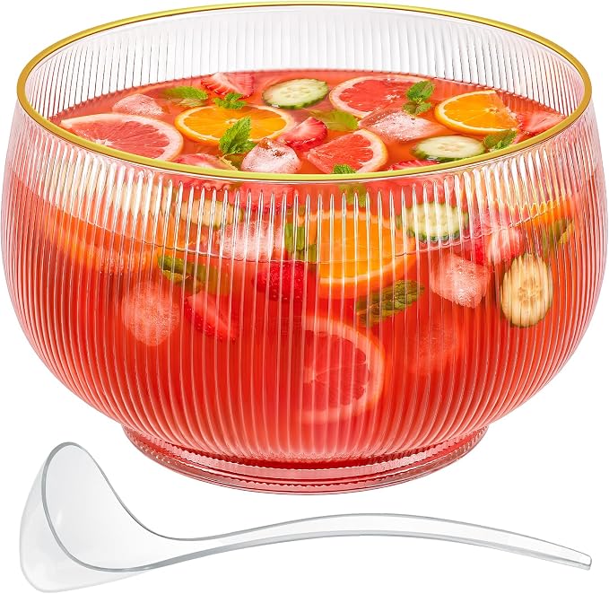 NiHome Glass Punch Bowl Set with Ladle, 2.5 Gal Gold Rim Ribbed for Parties | Borosilicate Crystal Clear, Hand Wash. Large Capacity for Wedding, Birthday, Holiday, Cocktails, Drinks, Salads, Snacks