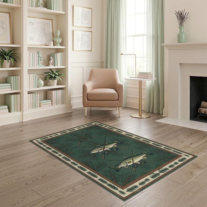 4'x6' Washable Area Rug Bass Vintage Lake Cabin Angler Lure Tackle Motif Fish Fishing Refined Structured Non-Slip Chair-Friendly for Home Office, Gaming Room, Under Desk