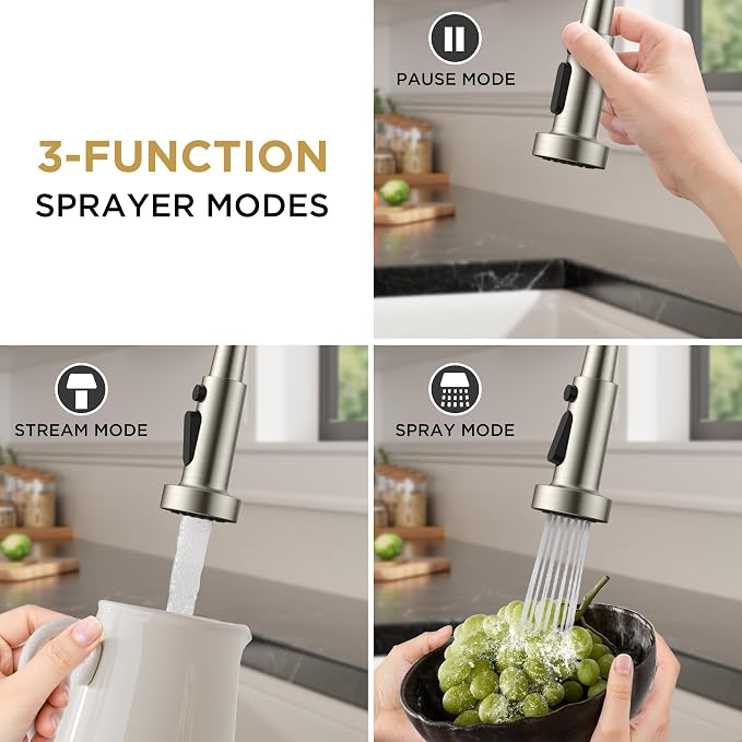 FORIOUS Kitchen Faucet with Soap Dispenser, Stainless Steel, Brushed Nickel | Single Handle Stainless Steel Kitchen Faucet with 3 Modes Sprayer, Commercial Spring Faucet for Kitchen Sink, Laundry Rv Bar