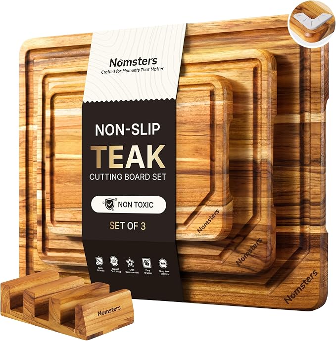 3 Pack Teak Wood Cutting Board Set with Holder Non Slip Over Sink Wooden Chopping Board for Fresh Meat Vegetable Thick Haus Perfect for Charcuterie Juice Groove Kitchen Accessories - FSC Certified