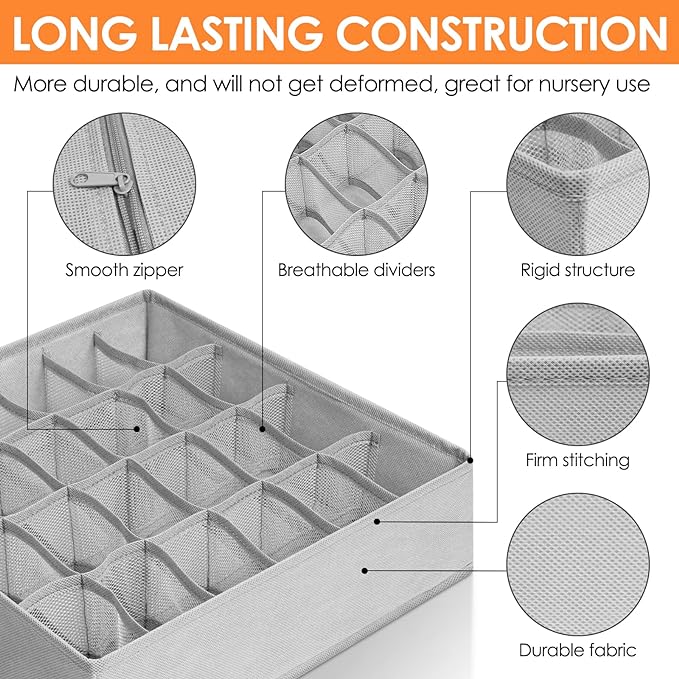 Criusia 6 Pack Sock Underwear Drawer Organizer Dividers, 58 Cell Foldable Fabric Dresser Closet Organizers and Storage Bins for Clothing, Baby Clothes, Bra, Panty, Scarf, Ties (Grey)