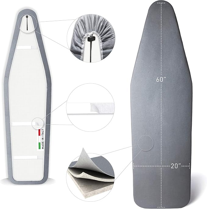 TIVIT Ironing Board Cover 20 x 60 – Made in Italy, Alumitek PRO Heat-Reflective, Thick 3-Layer Padding, Scorch & Stain Resistant