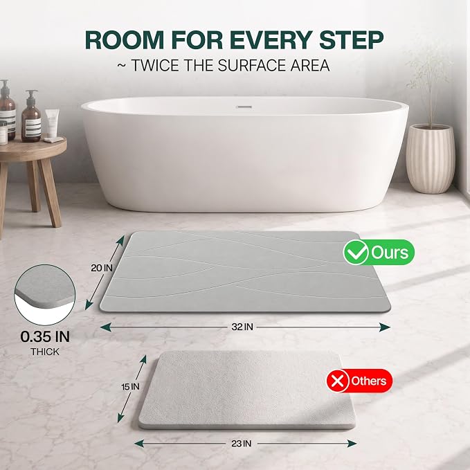 Extra Large Stone Bath Mat 32 x 20 Inch | Quick Dry Diatomaceous Earth Bath Mat | Includes Anti Slip Pad & Restoration Kit - A Quick Dry Bath Mat & Cleaner Alternative to Fabric | Light Gray XL