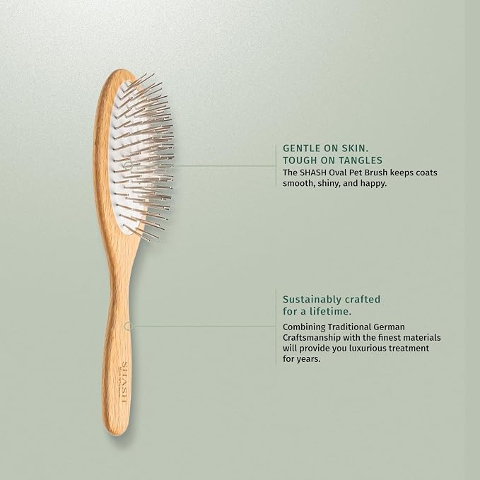 Since 1869 Hand Made In Germany - SHASH Oval Pet Brush With Long Metal Pins With Rubber Cushion - Helps Detangle Knots, Eliminate Frizz, Reduce Pulling & Snagging (Short Steel Pins)