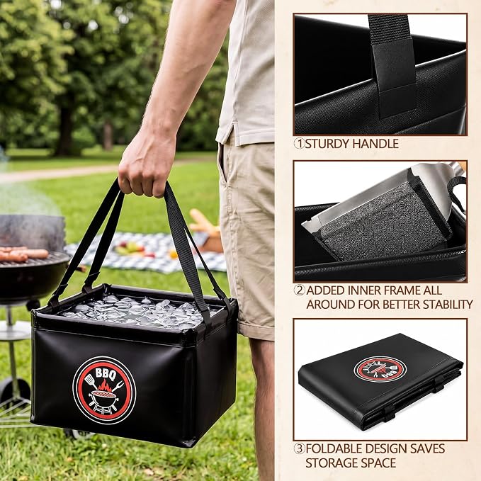 Sawysine 6 Pcs BBQ Tool Set Bristle Free Cleaning Brush with 3 Replacement Heads, Heat Resistant Gloves, 15l Foldable Water Bucket for Outdoor Camping, Barbecue Cleanup, Party Supplies