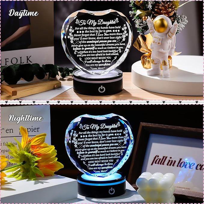Arikyrist Daughter Gifts from Mom Birthday Gifts Ideas for Daughter Crystal Heart Keepsakes with LED Light Base Glass Meaningful Presents for Best Daughters on Christmas Graduation