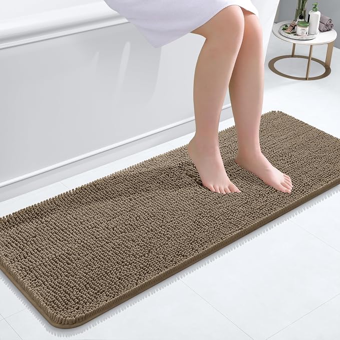 OLANLY Bathroom Runner Rugs 47x17, Extra Soft Absorbent Chenille Bath Rugs, Rubber Backing Quick Dry, Machine Washable Long Bath Mats for Bathroom Floor, Tub and Shower, Home Decor Accessories, Tan