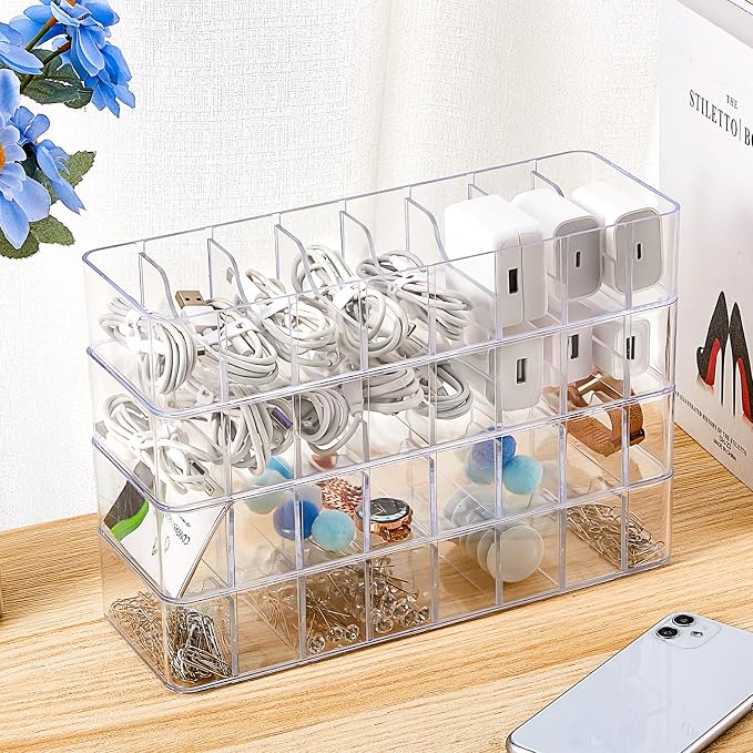 Tatuo 4 Pcs Cable Organizer with 40 Wire Ties, Plastic Cord Storage Charger Box Electronics Organizer with Adjustment Compartments Cable Storage for Drawer Home Office Desk Accessories (Clear)