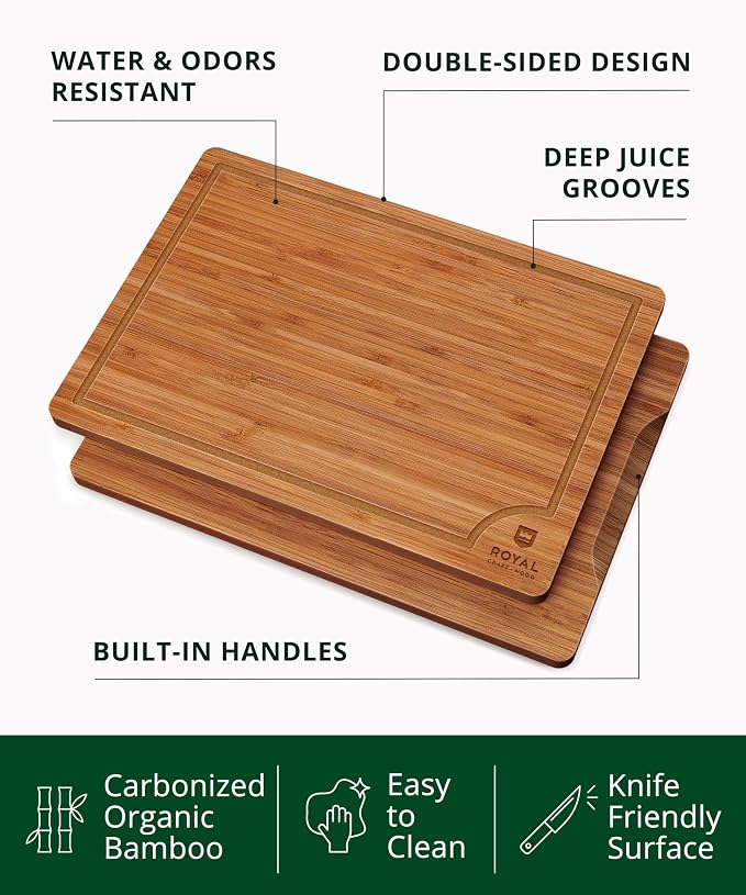 ROYAL CRAFT WOOD Wooden Cutting Boards for Kitchen Meal Prep & Serving - Bamboo Wood Serving Board Set with Deep Juice Groove Side Handles - Charcuterie & Chopping Butcher Block for Meat