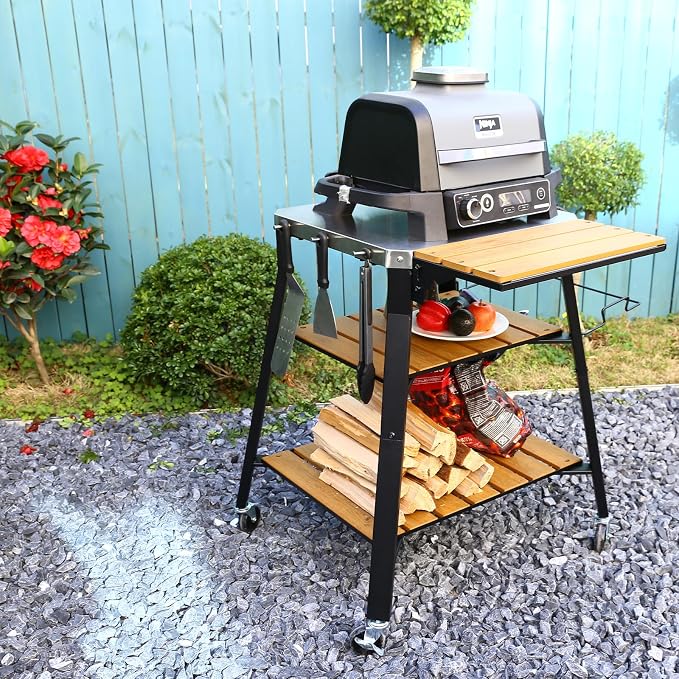 Pizza Oven Stand with Wheels, for Ninja Woodfire | Outdoor prep table for pizza ovens, grills and kitchen work, with movable storage design
