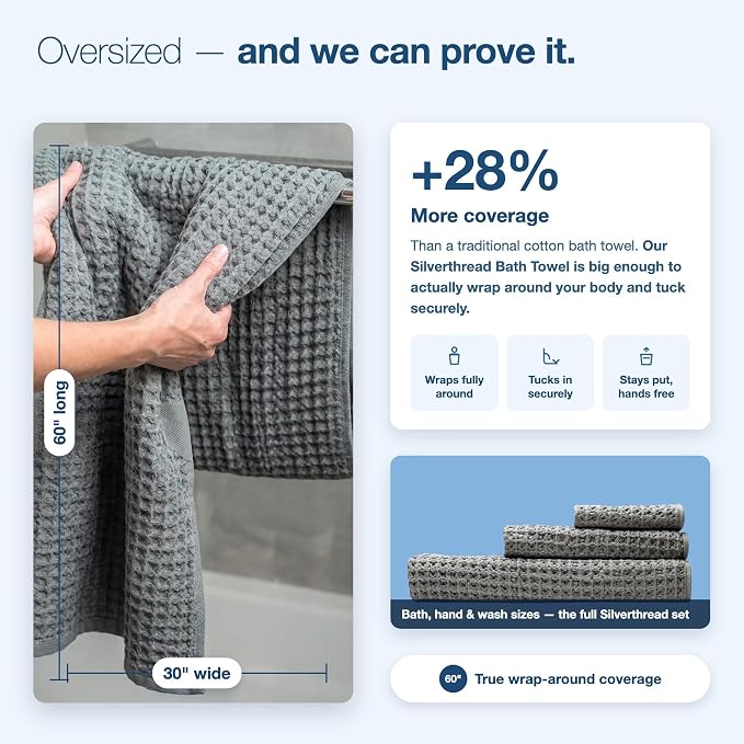 SUTERA Silverthread Waffle Towel CA-Grown Pima Cotton (Bath, Grey) 31"x57" | Waffle weave design, quick drying, ultra soft, lightweight, and absorbent with pilling-resistant Pima Cotton luxury comfort.