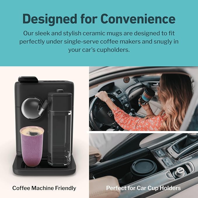 NOVA CERAMICS Coffee Travel Mug – Cup Holder Friendly Travel Mug– Microwave & Dishwasher Safe White & Purple Tumbler - Coffee Mug Fits In Cup Holder – 12oz – Astral Bloom