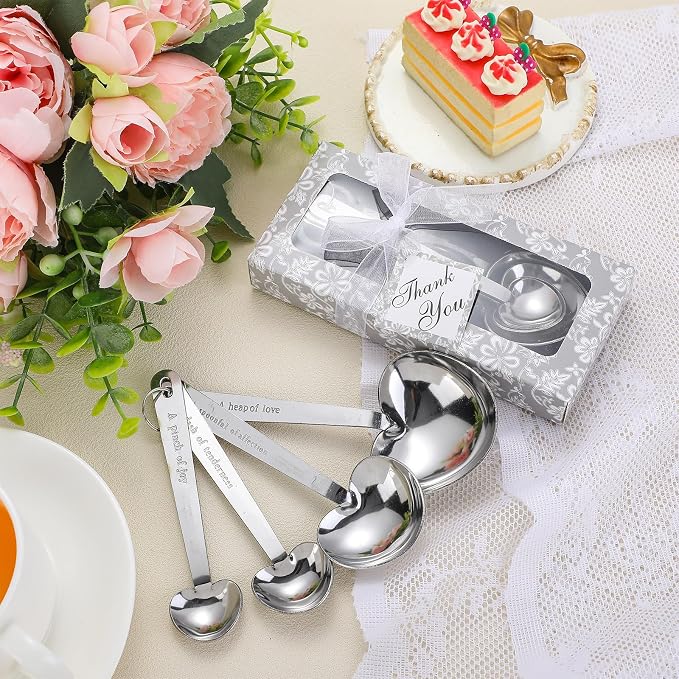 Yinder 50 Sets Heart Measuring Spoons Wedding Favors for Guests with Gift Box and Thank You Card, Bridal Shower Favors Bulk, Kitchen Measuring Spoon Gift Set for Party Souvenirs(Silver)