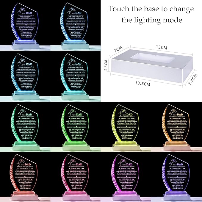 QIANWEI Fathers Day Dad Gifts from Daughter Son Unique Glass Plaque with Colorful Led Base, To My Dad Meaningful Birthday Present for Christmas Thanksgiving Valentines Day