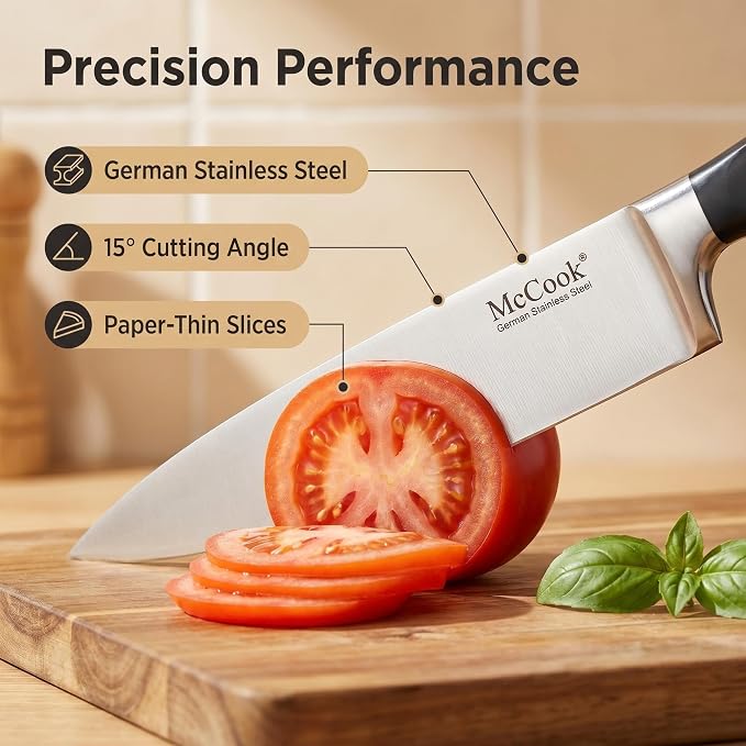 McCook Kitchen Knife Set 15PC Knife Block Set w Built-in Sharpener | German Forged Stainless Steel,Razor Sharp,Non-Stick&Anti-Rust,Triple Rivet,Ergonomic Handles,Full Tang,Gift Box
