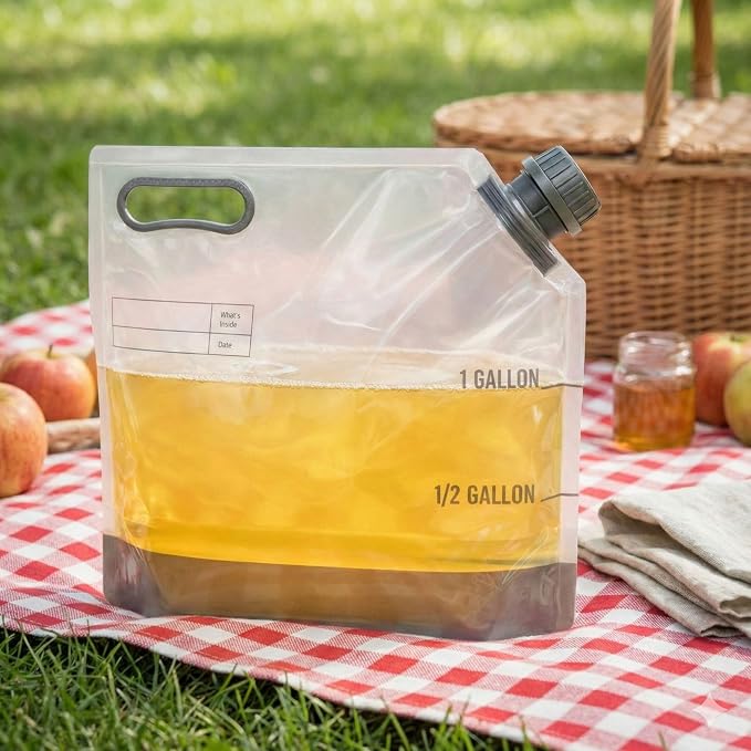Restaurantware Cater Tek 1 Gallon Water Containers 10 Drink Bags - Collapsible Includes Tamper-Evident Caps Clear Plastic Beverage Bags For Catered Events Camping or Hiking Durable Handle