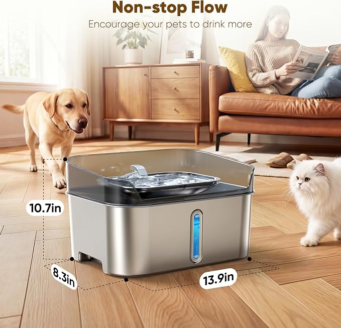 No Spill Dog Water Fountain Stainless Steel, Large 8L/2.1Gal Ultra Quiet | Pet Water Fountain for Cats Dogs Indoor, Automatic Dog Water Bowl Dispenser