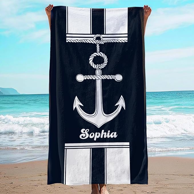 JML Personalized Beach Towel with Name, Custom Anchor Beach Towel, Customized Microfiber Pool Towel, Quick Dry & Absorbent Swim Towel for Adult,Anniversary, Birthday, Summer Holiday,Vacation